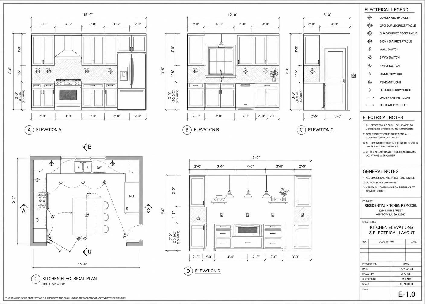 E-1.0 — Kitchen elevations & electrical layout