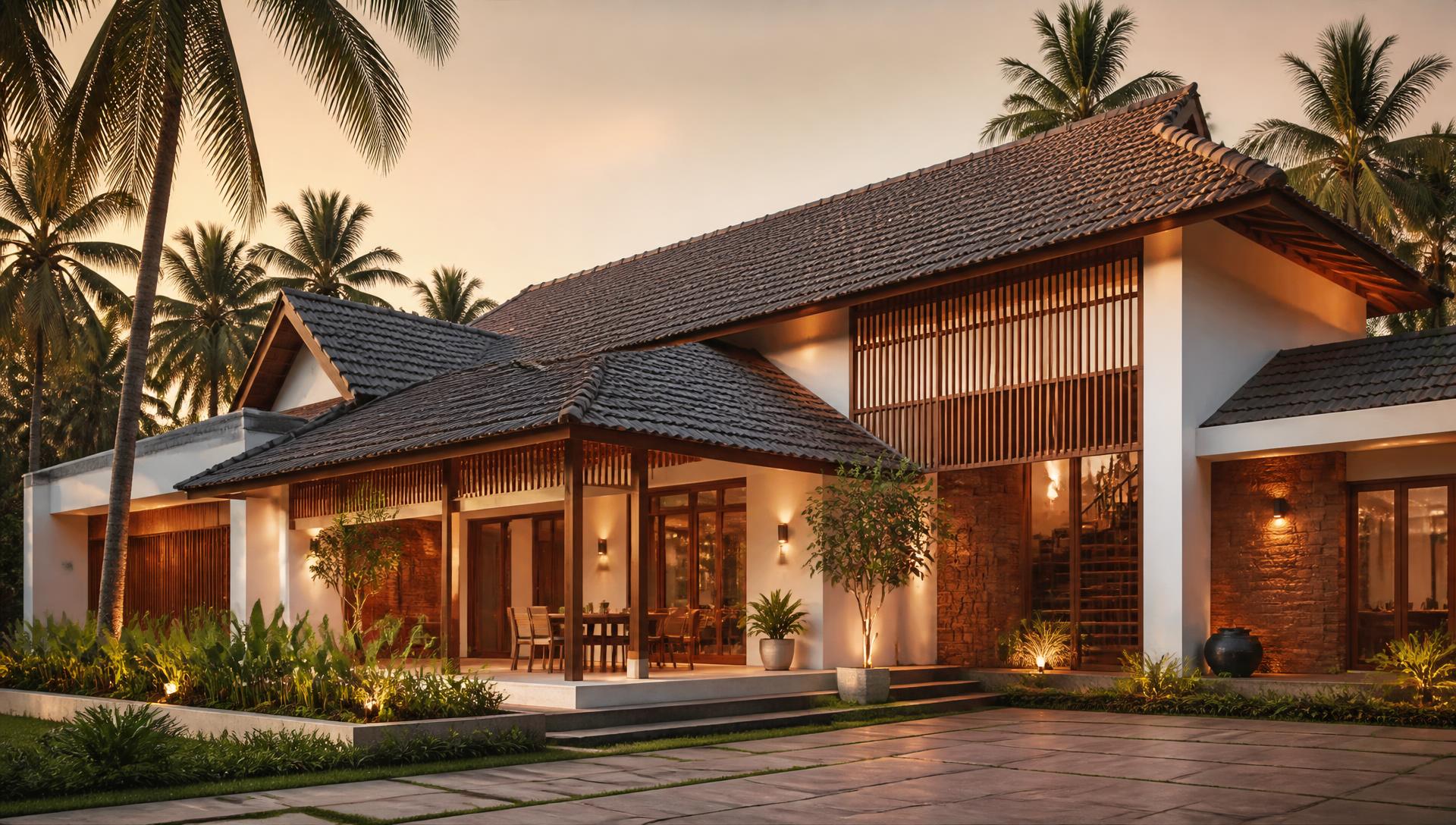 Modern Kerala home at dusk with tiled roof, teak screens and laterite stone